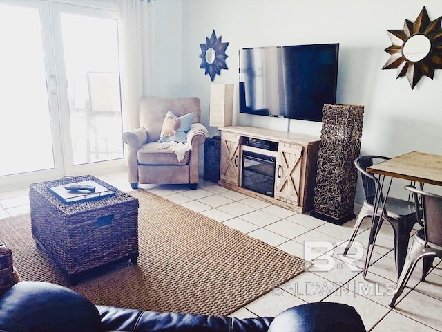 living room featuring light tile patterned floors