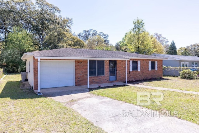 ranch-style home featuring a front yard, brick siding, aphalt driveway, a garage, and a shingled roof