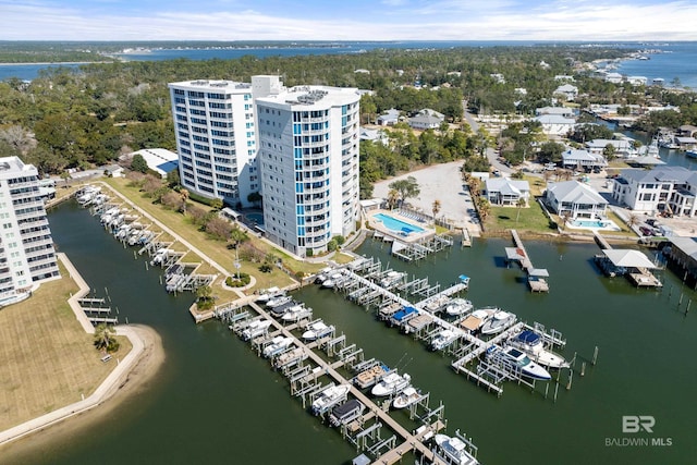 birds eye view of property featuring a water view