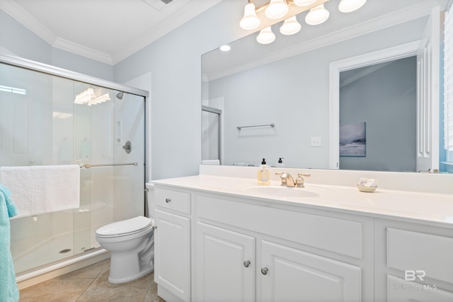 28250 Canal Rd Unit 101, Orange Beach, AL 36561 - bathroom featuring a stall shower, crown molding, vanity, and toilet