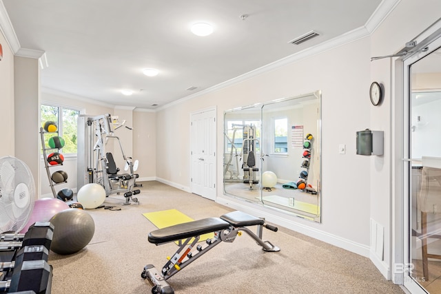 28250 Canal Rd Unit 101, Orange Beach, AL 36561 - exercise room with carpet floors, baseboards, visible vents, and crown molding