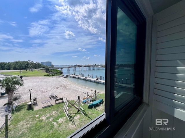 property view of water featuring a boat dock