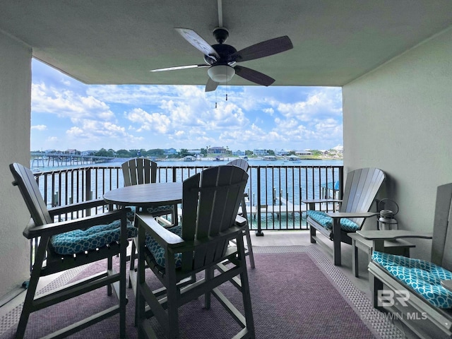 balcony featuring ceiling fan and a water view