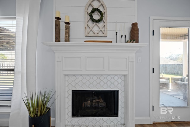 interior details featuring a fireplace