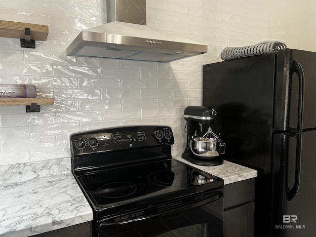 6 Yacht Club Dr Unit 115A, Daphne, AL 36526 - kitchen featuring decorative backsplash, black appliances, open shelves, and ventilation hood