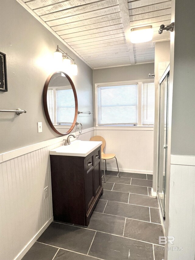 6 Yacht Club Dr Unit 115A, Daphne, AL 36526 - bathroom featuring wood ceiling, a shower stall, vanity, a wainscoted wall, and tile patterned flooring