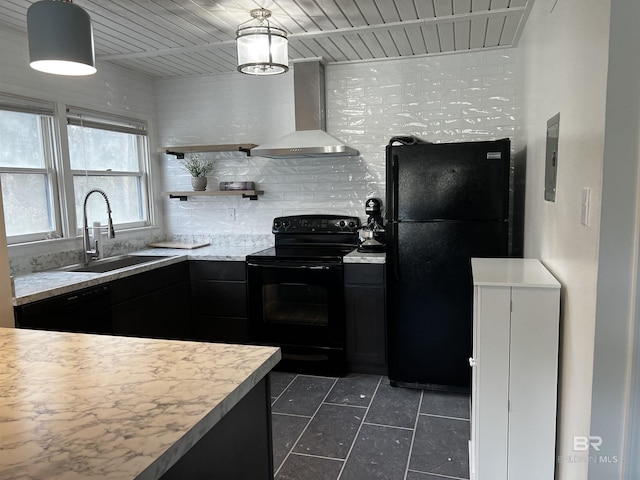 6 Yacht Club Dr Unit 115A, Daphne, AL 36526 - kitchen featuring wall chimney range hood, light countertops, black appliances, a sink, and dark tile patterned flooring