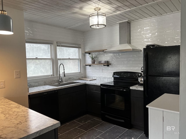 6 Yacht Club Dr Unit 115A, Daphne, AL 36526 - kitchen featuring wall chimney exhaust hood, black appliances, a sink, dark tile patterned floors, and dark cabinetry