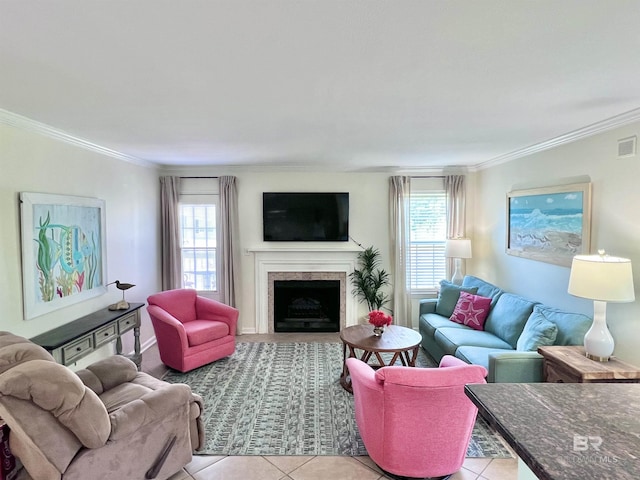 6194 Gulf Shores Pkwy Unit A6, Gulf Shores, AL 36542 - tiled living area with healthy amount of natural light, ornamental molding, and a high end fireplace