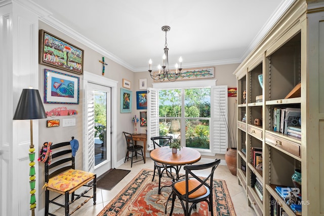 dining room with a notable chandelier, plenty of natural light, and crown molding