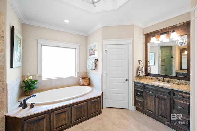 bathroom with vanity, shower with separate bathtub, ornamental molding, and tile patterned floors