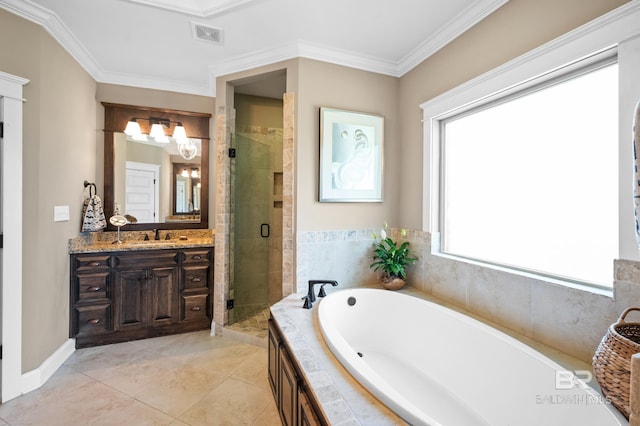 bathroom with crown molding, shower with separate bathtub, tile patterned flooring, and vanity