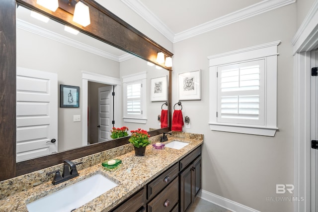 bathroom featuring vanity, plenty of natural light, and ornamental molding