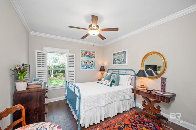 bedroom with ornamental molding, dark hardwood / wood-style floors, and ceiling fan