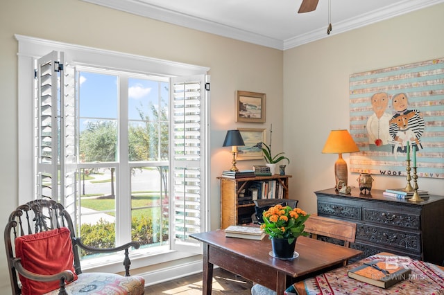 interior space featuring ceiling fan, hardwood / wood-style floors, and ornamental molding