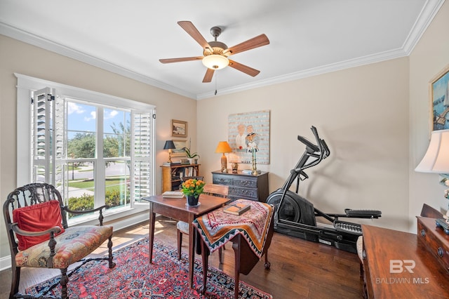 office space with ornamental molding, ceiling fan, and hardwood / wood-style flooring