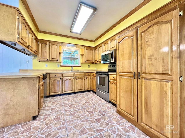 kitchen featuring appliances with stainless steel finishes, crown molding, and sink