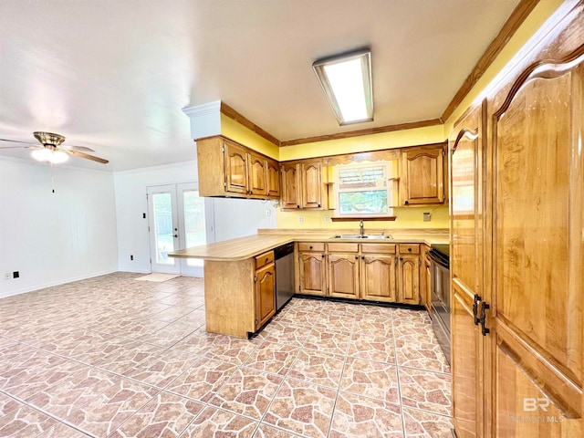 kitchen featuring kitchen peninsula, sink, dishwasher, black range with electric cooktop, and crown molding