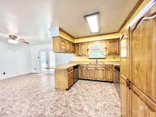 kitchen featuring dishwasher, light countertops, a peninsula, crown molding, and electric range