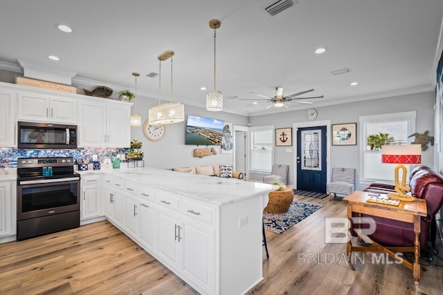 kitchen with range with electric cooktop, kitchen peninsula, light hardwood / wood-style floors, backsplash, and ornamental molding