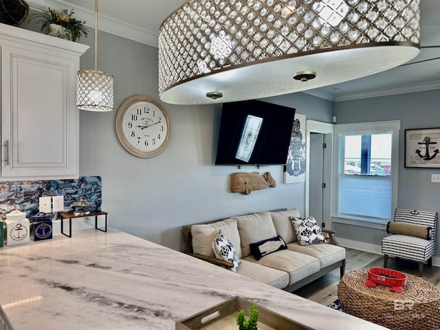 living room with crown molding and wood-type flooring