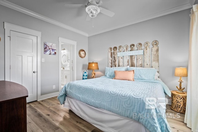 bedroom featuring ornamental molding, connected bathroom, and light hardwood / wood-style floors