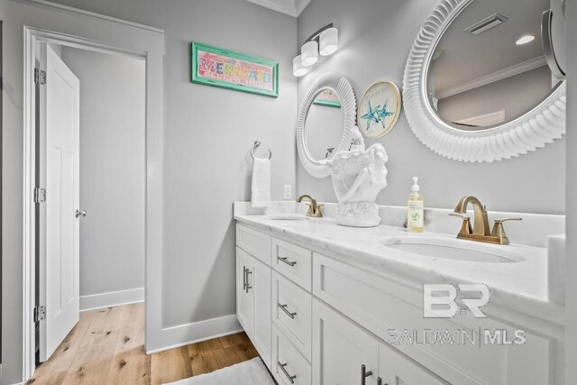 bathroom featuring dual vanity and wood-type flooring