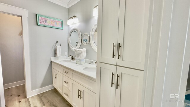 bathroom featuring wood-type flooring, double sink vanity, and crown molding