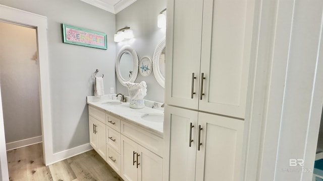 bathroom with hardwood / wood-style flooring, ornamental molding, and vanity