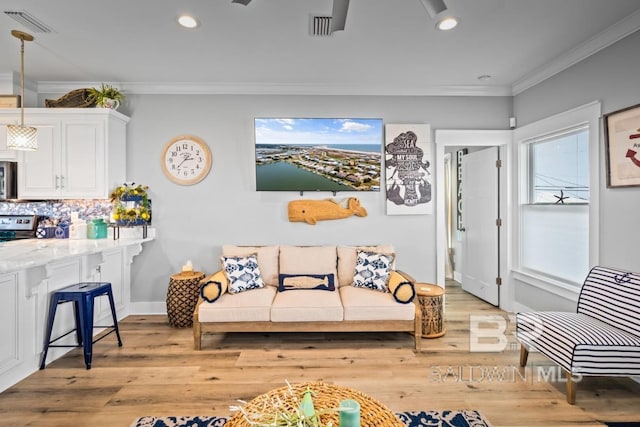 living room featuring ornamental molding and light hardwood / wood-style flooring