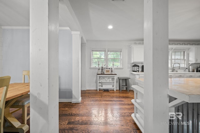 hall featuring crown molding, dark wood-style floors, a sink, and recessed lighting