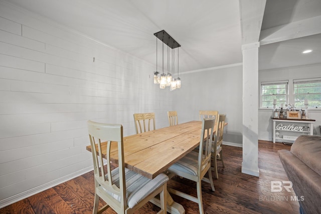 dining room with wood finished floors, ornamental molding, baseboards, a chandelier, and recessed lighting