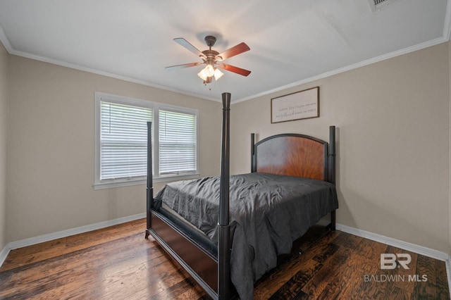 bedroom with wood finished floors, baseboards, ornamental molding, and ceiling fan