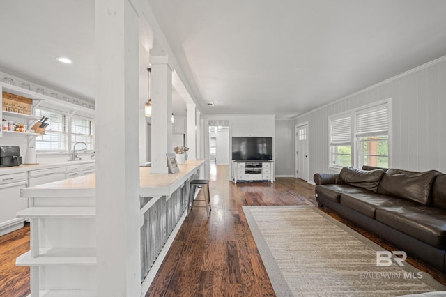 living room featuring ornamental molding and dark wood finished floors