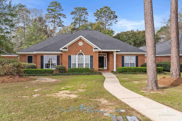 view of front facade with brick siding, a shingled roof, and a front lawn