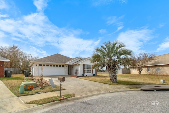 ranch-style home with a garage and a front lawn