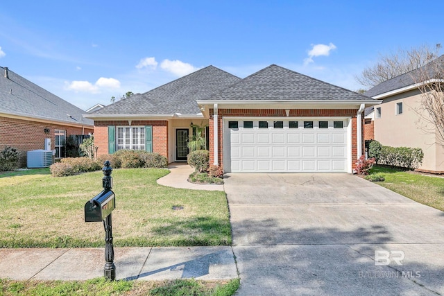 ranch-style house with central air condition unit, brick siding, a shingled roof, driveway, and a front yard