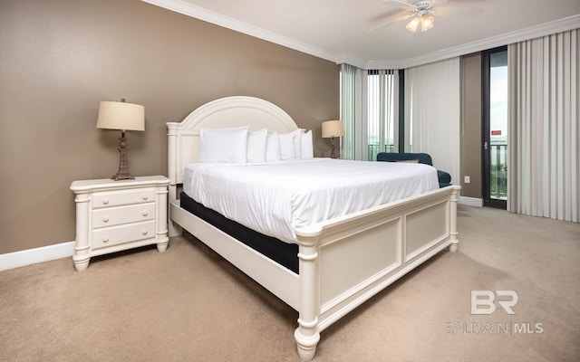 bedroom featuring light carpet, access to exterior, ceiling fan, and crown molding