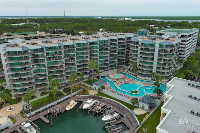 aerial view featuring a water view