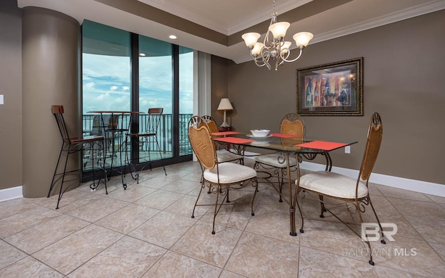 dining area with floor to ceiling windows, light tile patterned floors, a chandelier, and ornamental molding