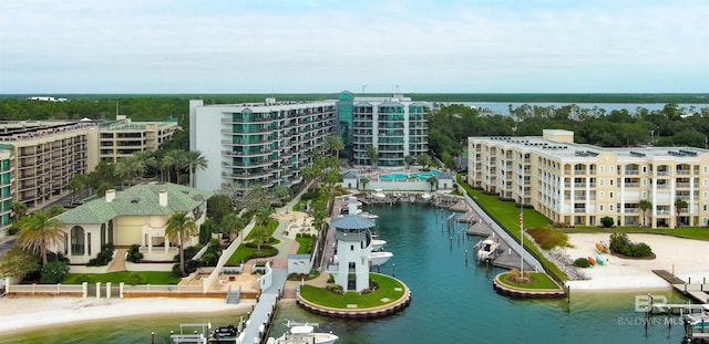 aerial view featuring a water view