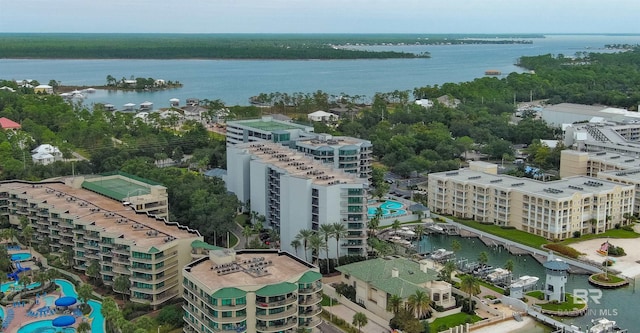 drone / aerial view with a water view