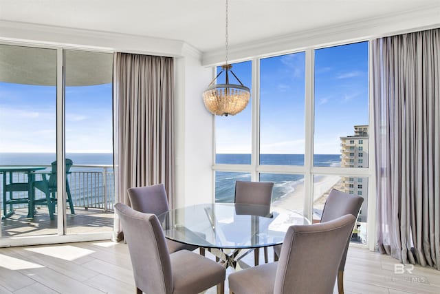 825 W Beach Blvd Unit 10, Gulf Shores, AL 36542 - dining room featuring light wood-style floors, floor to ceiling windows, crown molding, and a water view