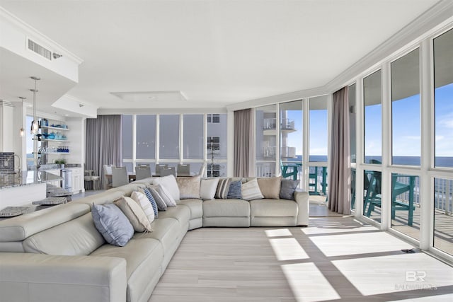 825 W Beach Blvd Unit 10, Gulf Shores, AL 36542 - living area with expansive windows, light wood finished floors, ornamental molding, and visible vents