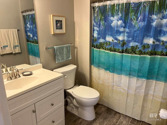 bathroom with vanity, toilet, and hardwood / wood-style floors