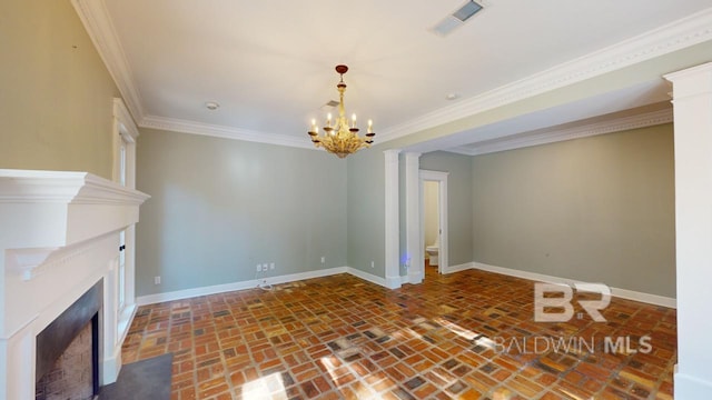 unfurnished living room with crown molding and an inviting chandelier