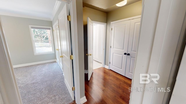 hallway with hardwood / wood-style flooring and ornamental molding