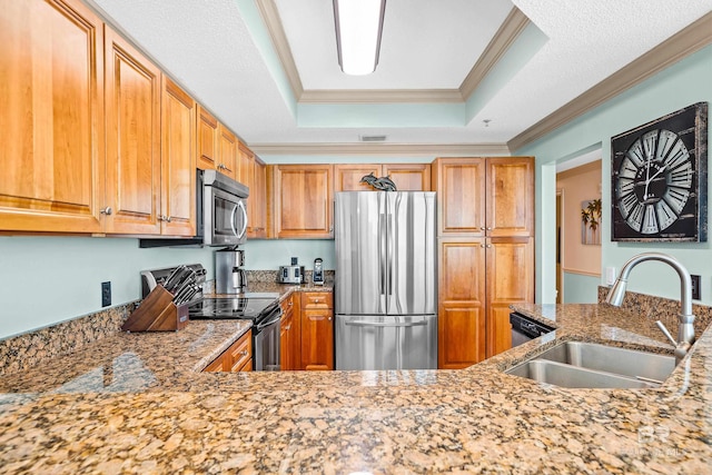 kitchen featuring sink, a raised ceiling, a textured ceiling, appliances with stainless steel finishes, and ornamental molding