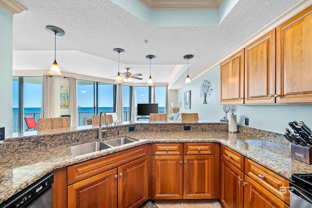 kitchen featuring kitchen peninsula, sink, hanging light fixtures, and appliances with stainless steel finishes