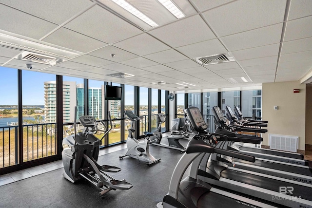 workout area featuring a paneled ceiling and expansive windows